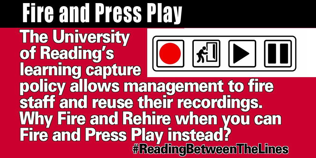 BtlReading's tweet photo. When academic staff are made redundant during Phase 2 of the University’s COVID19 Response Programme, the policy permits use of their recordings to replace teaching. Vote NO in the ballot to send a strong signal that we will not take Phase 2 lying down. 
https://t.co/W14Xq3Xjc8 https://t.co/v995uUqQQe