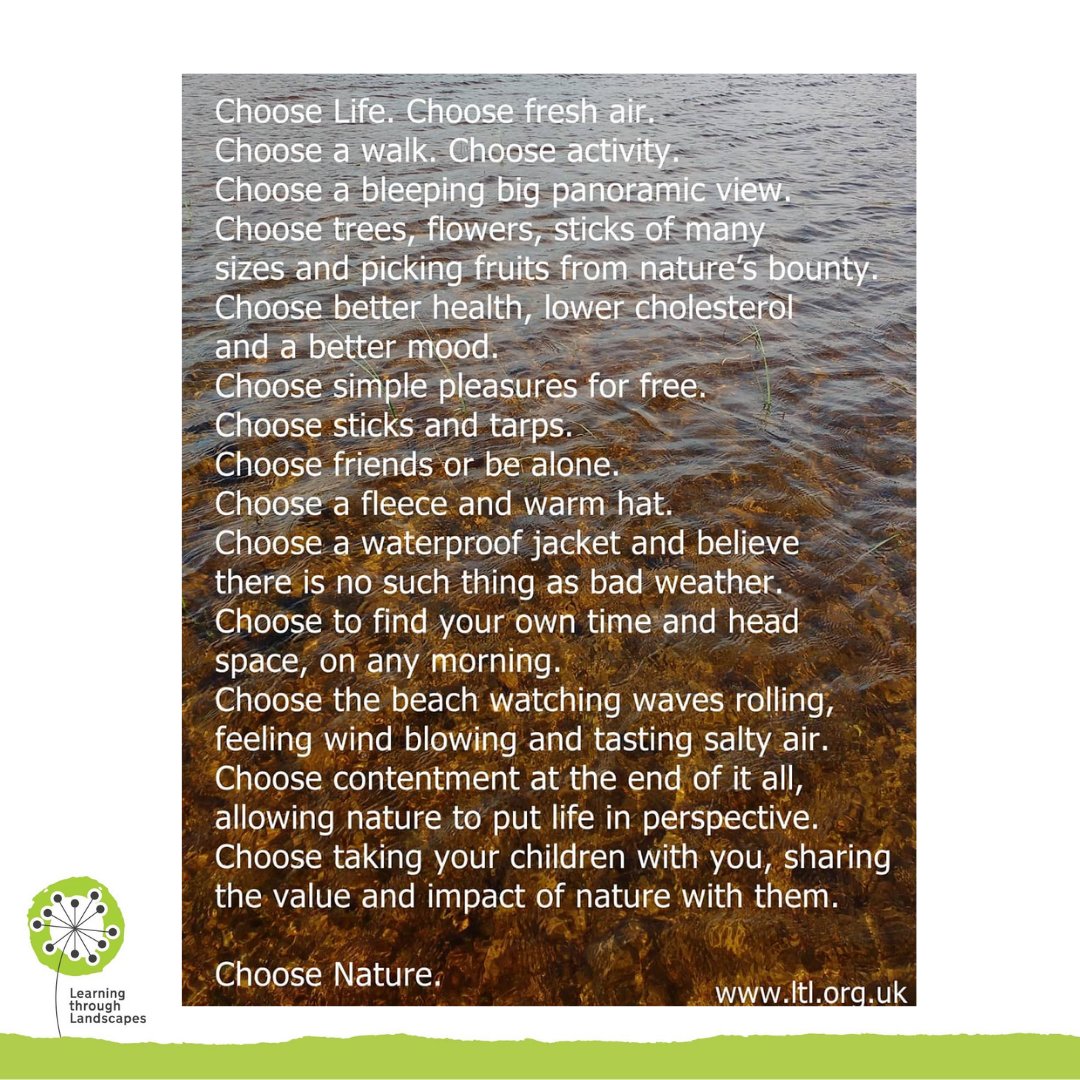 LtL_News's tweet photo. One from our vault but worth sharing again. Inspiration taken from Trainspotting with an outdoor twist, written a few years ago in our Scotland office after a particularly lively team meeting.
What will you choose today?
#LtLtraining #OutdoorLearning #choosenature #trainspotting https://t.co/Ke1LfiBsUk