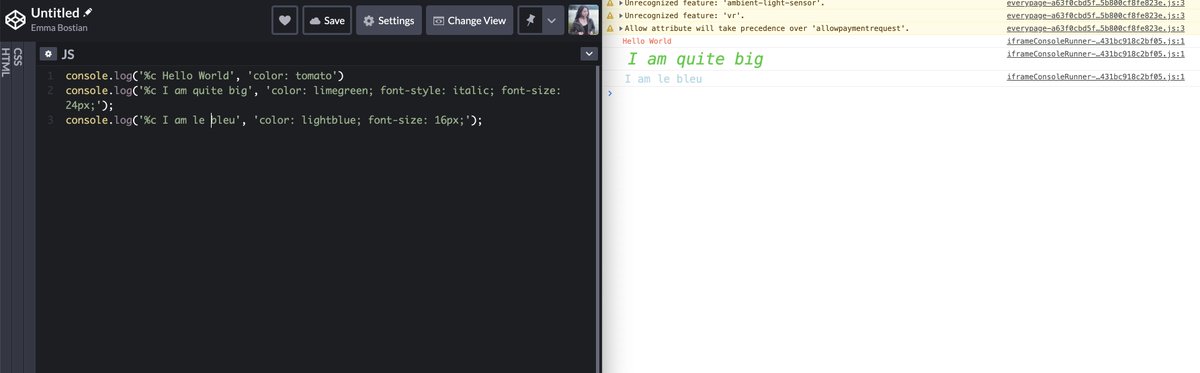Did you know you can add styles to your console log messages? 

Preface the message/expression with %c and set the second argument as a string of CSS styles and you're good to go! 🖌️👩‍🎨
