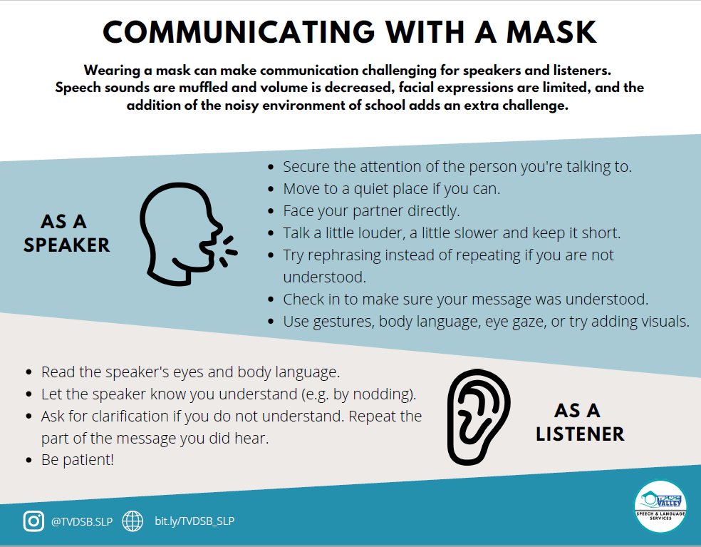 Here are some helpful suggestions from the <a href="/TVDSB/">Thames Valley DSB</a> Speech and Language Department on how to communicate while wearing a mask. #chargeahead