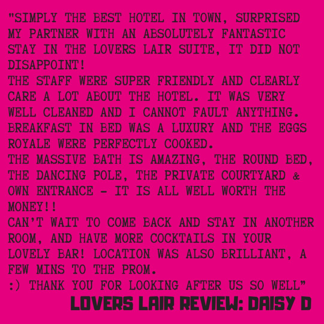 HotelPelirocco's tweet photo. Treat yourselves to the luxury of the Lovers Lair!
Lush review from Daisy D this month, thanks!
π
#brighton #review #guestreview #hotelreview #hotel #staycation #holiday #happycustomer #roundbed #mirroredceiling #suite #penthouse #anniversary #birthday #proposal https://t.co/CjPMBlFgyl