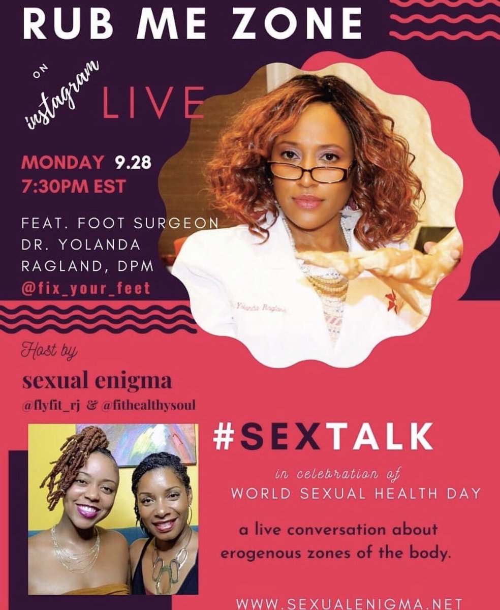 LIVE conversation about erogenous zones of the body!
Sept 28
7:30 pm EST 
TUNE IN ON IG: @sexual_enigma
Get yourself something to drink because we’re going to make FEET SEXY!
@flyfit_rj @fithealthysoul 
#SEXTALK
#erogenouszones #sexuality #WorldSexualHealthDay #SexualEnigma