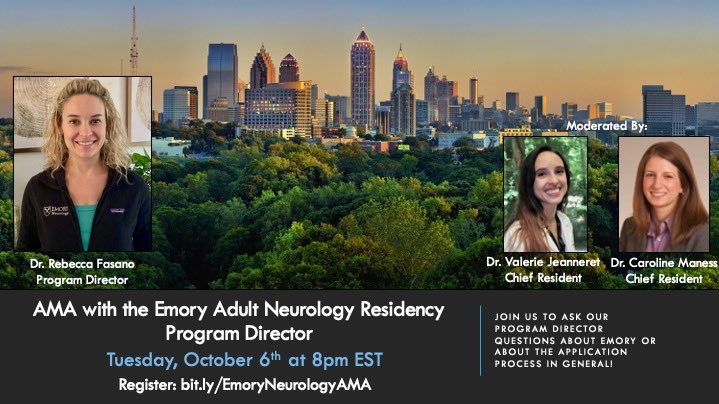 Join our Program Director @RebeccaFasanoMD on Tuesday, October 6th at 8pm EST for an AMA! Moderated by chiefs @VJeanneretl and @maness_caroline! Register at bit.ly/EmoryNeurology…