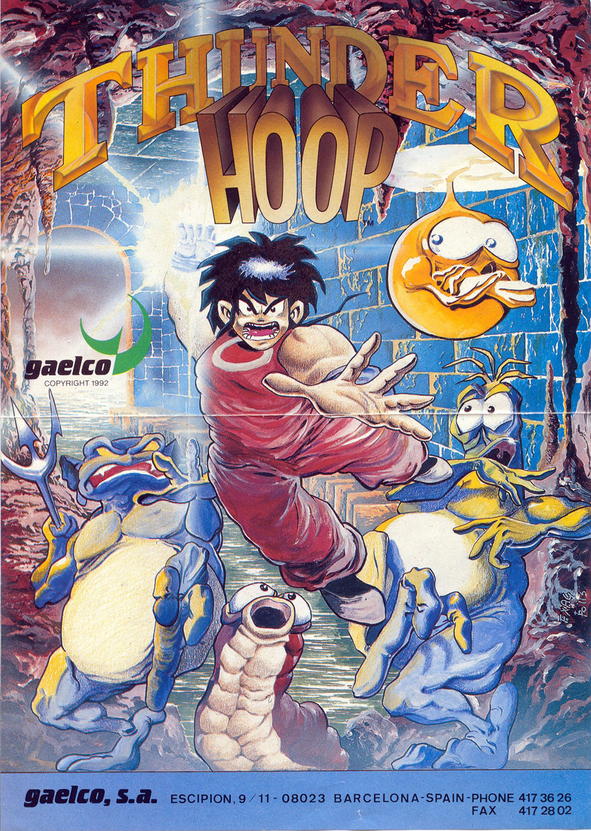 El siguiente desarrollo fue “Thunder Hoop”, de 1992. En este juego, hay referencias al juego de recreativas “Toki” y al anime “Dragon Ball” del cual el diseñador era muy fan