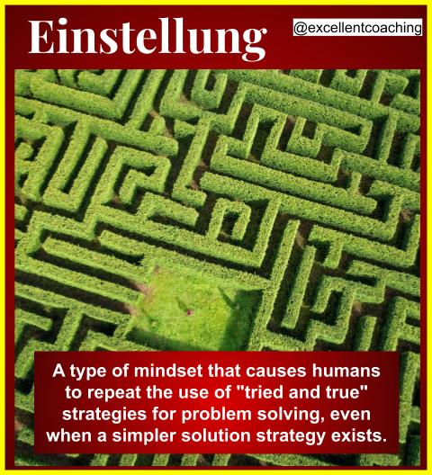 ExcellentCoach7's tweet photo. It is the term used by the Gestaltists to describe the tendency to set the mind into a routine approach to problem-solving. 
#einstellung #luchins #problemsolving #functionalfixedness #mentalset #methodsofproblemsolving #impediments #ignoustudent #Psychology #mapc #mapsychology https://t.co/pF82kZXH8l