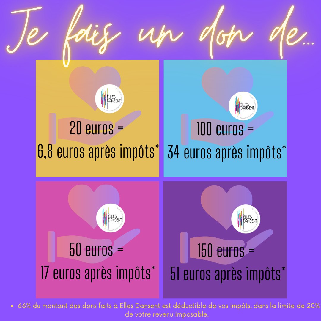 EllesDansent's tweet photo. 💡Le saviez-vous? 66% du montant des dons que vous faites à Elles Dansent est #déductible de vos impôts, dans la limite de 20% de votre revenu net imposable...
Faire un don, c’est contribuer au développement de nos actions et nous permettre de rayonner ☀️
https://t.co/n6xX6SVOLf https://t.co/fMSiRGqpRb
