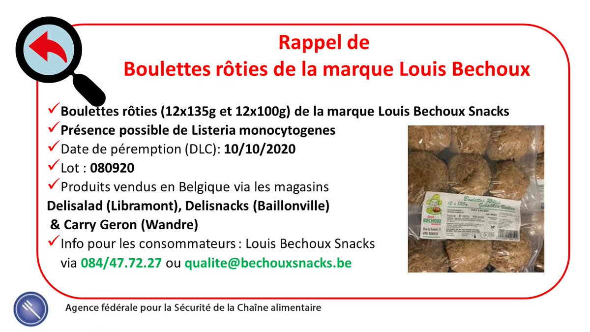 #rappeldeproduit : Boulettes rôties (12x135g et 12x100g) de la marque Louis Bechoux Snacks, vendues via les magasins Delisalad (Libramont), Delisnacks (Baillonville) & Carry Geron (Wandre). Le,  produits sont en parallèle, retirés de la vente.
favv-afsca.fgov.be/consommateurs/…