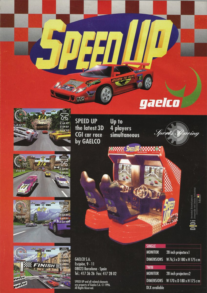 En 1996, dan el salto a las 3D con “Speed Up”, del que desarrollan su hardware, software y un mueble sin nada que envidiar a los de las grandes empresas japonesas como  #Sega o  #Namco. “Speed Up” fue distribuido a nivel mundial a través de Namco.