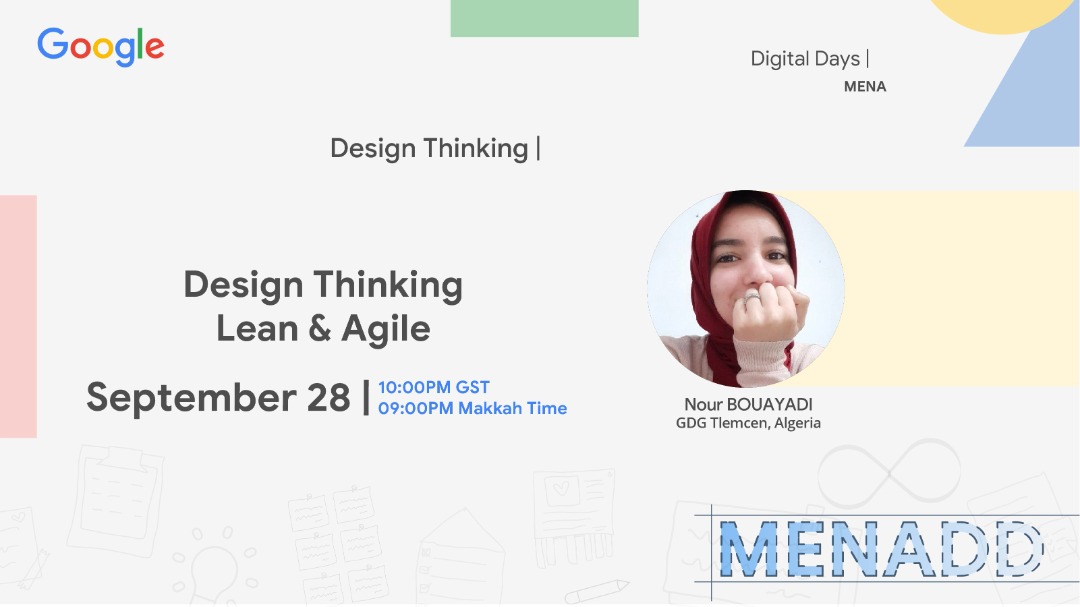 🎉it's @gdgmena #DesignThinkingWeek 🎉 
So Join our @Nour_BOUAYADI  at 10 p.m Dubai Time ( 6p.m Algiers) to Learn More about Design Thinking " Lean &amp; Agile "
Join the session by 👇  : 
youtu.be/ZB6d0ZO4xSA
#MENADD