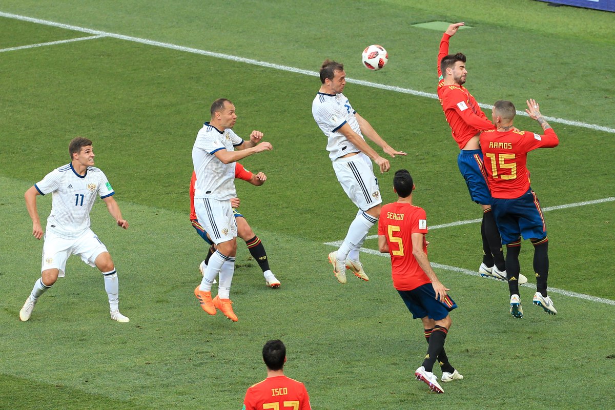 To be clear, there is nothing in the interpretation about a player not being able to see the ball, and certainly no suggestion that would be a factor if the arm is above the shoulder. Remember Gerard Pique at the World Cup (where the law was first used)? Penalty awarded here.