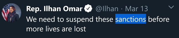 4)Rep. Omar pushes the "sanctions" talking point of Iran's regime seen in Zarif's tweets.And NIAC picks up on Omar’s tweets.