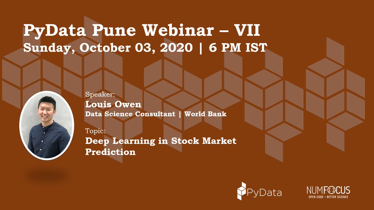 Announcing <a href="/PyData/">PyData</a> <a href="/Pune/">Pune</a> event scheduled for Oct 03, 2020 titled in "Deep Learning in Stock Market Prediction" by Louis Owen. 

More Details : meetu.ps/e/JhT8M/Dgqv0/d

<a href="/NumFOCUS/">NumFOCUS</a> #MachineLearning #DeepLearning #StockMarketPrediction