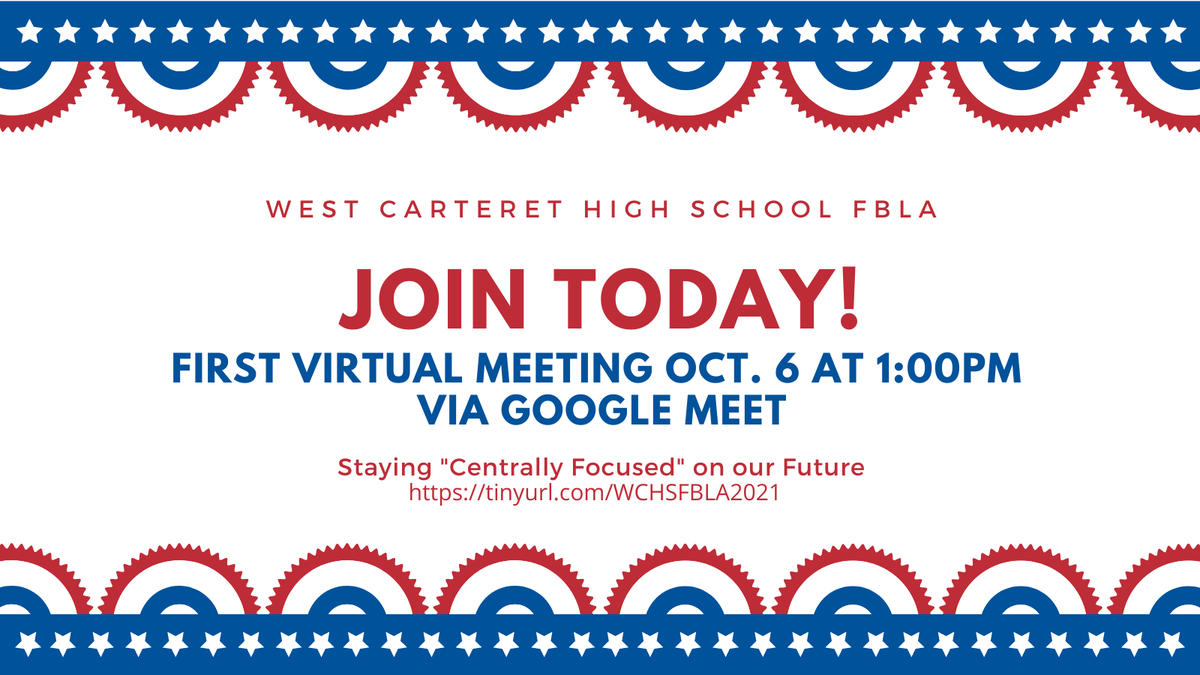 wcpatriots's tweet photo. Business? Legacy? College Applications? Join the WCHS  Future Business Leaders of America during our first virtual meeting of the school year. Email jennifer.lavelle@carteretk12.org to register for this meeting  @CarteretK12 @AllisonCTE #shinethelight #CareerReady #everystudent https://t.co/pSX5ynHyXo