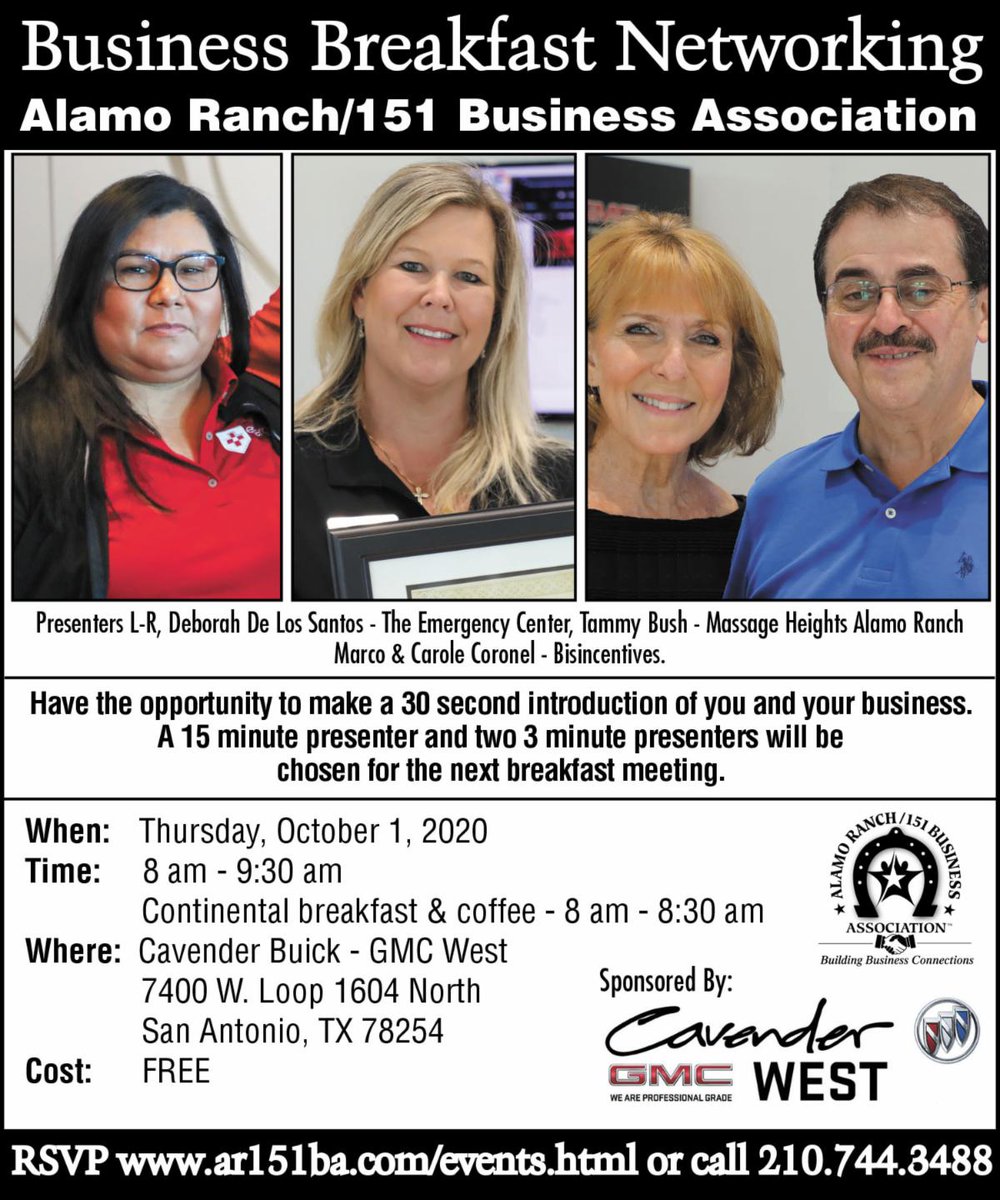 alamoranch151's tweet photo. Business Breakfast Networking Oct 1. &amp; First Friday, Oct 2 - RSVP https://t.co/SS2OKLHe1I https://t.co/MoOLsOOsED