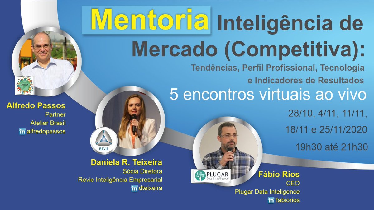 reviebrasil's tweet image. Mentoria para profissionais de Inteligência
São 30 dias de mentoria em grupo, com 5 sessões ao vivo. 
Para saber mais e se inscrever acesse sympla.com.br/mentoria-intel…

#revieinteligencia #mentoria #plugar #atelierbrasil @profdrpassos @ramos_daniela