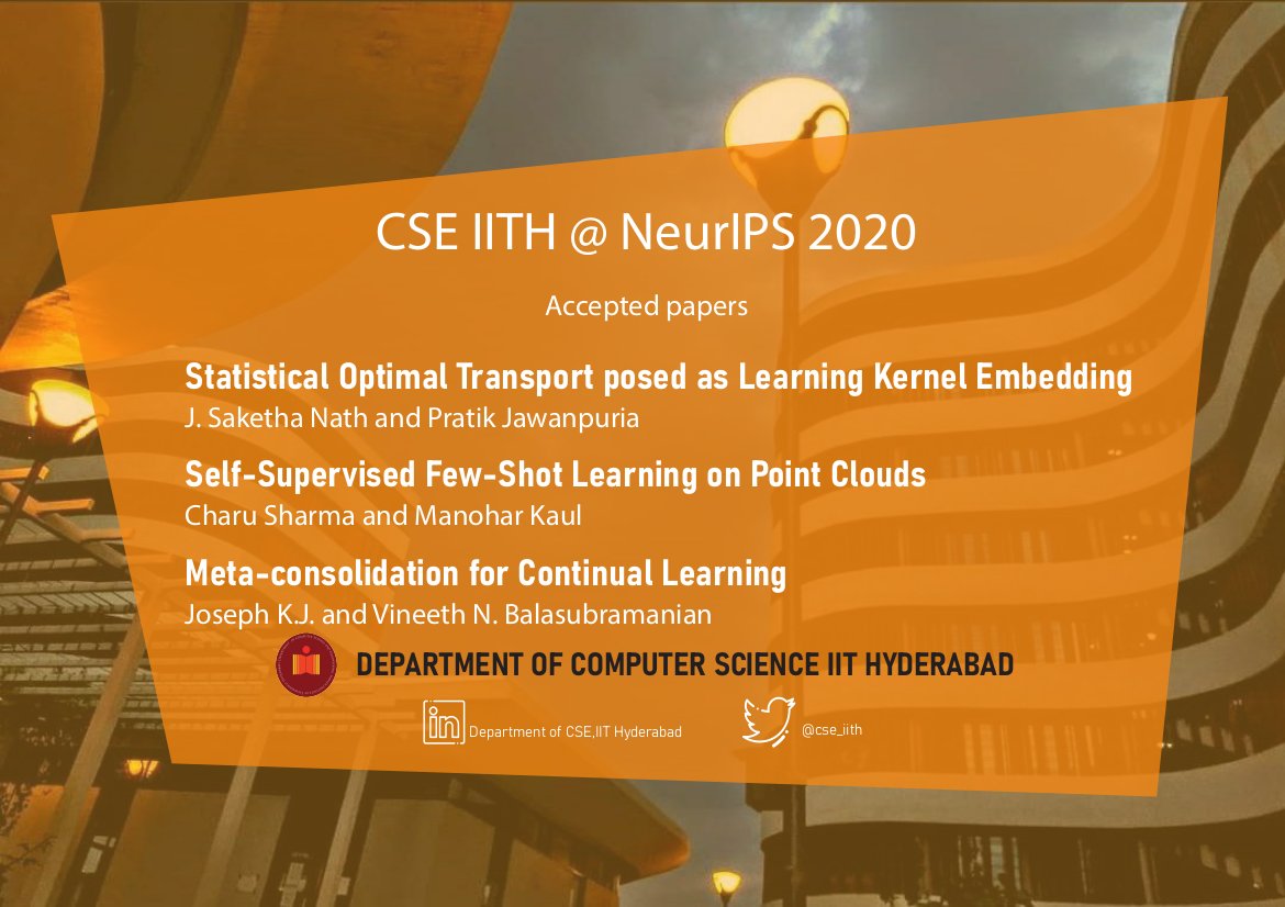cse_iith's tweet photo. Three papers from #CSEIITH appearing at #NeurIPS2020 !! 

A great moment for a young CSE dept from a second generation IIT.

Thanks and cheers to all involved faculty members and students  for their brilliance and hardwork.

#research #ml #ai  #cse #NeurIPS https://t.co/sDAQFpvRZy