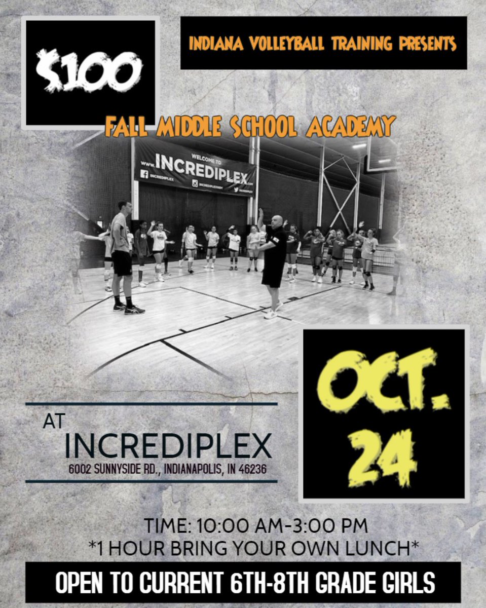 Join Indiana Volleyball Training October 24th <a href="/Incrediplex/">Incrediplex</a> for our Fall Middle School Academy. Open to current 6th-8th grade girls. Visit the link in our bio to register now! #camps #volleyball