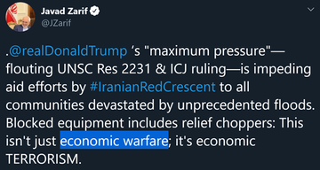 6)For the record, here are more of Rep. Omar’s tweets pushing Iran’s talking points-Trump wants war with Iran (which Trump actually prevented)-Trump should reinstate (Obama’s) Iran nuclear deal-Sanctions are “economic warfare” (getting it from Zarif himself)