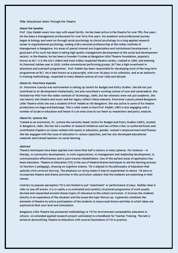 @CbpsBlr is organising a webinar in memory of Dr. Poornima Vyasulu. <a href="/JAnanthamurthy/">Jyotsna Jha Ananthamurthy</a> will be in conversation with Prof. Vijay Padaki on 30 Sept 2020. Prof. Padaki will be speaking on, ‘Educational Ideals Through the Theatre’. Zoom Link -zoom.us/webinar/regist…
#theatreineducation