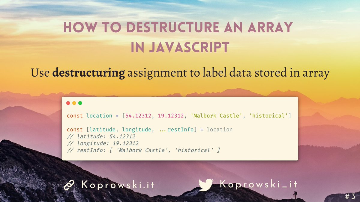 Koprowski_it's tweet photo. 3. How to destructure an array in JavaScript?

#JSTips #JSTricks #javascript #100DaysOfCode https://t.co/5Qfdrwub0b