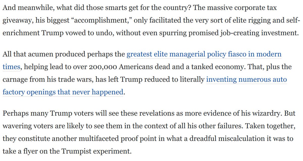 5) Trump's acumen produced the largest policy catastrophe in modern times.His tax cut further rigged the system for elites. Wavering voters will see all this as more proof that taking a flyer on the Trump experiment was/is a disastrous miscalculation: https://www.washingtonpost.com/opinions/2020/09/28/stunning-new-revelations-about-trumps-taxes-also-expose-hidden-weakness/