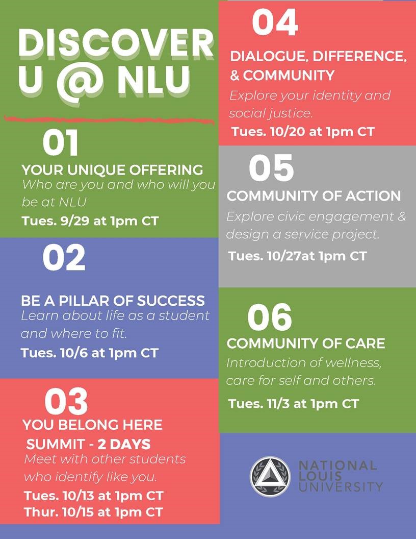 #New2NLU #NLUEagles, congratulations on your first week! As your first month continues #DiscoverU at <a href="/NationalLouisU/">National Louis University</a> is six-week program that begins tomorrow, Tuesday 9/29 at 1pm CT. RSVP: nl.presence.io/form/rsvp-for-… When you complete the program you receive a t-shirt &amp; certificate.