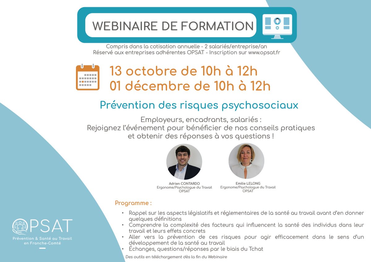 OPSAT9's tweet image. 📅 Rendez-vous les 13/10 et 01/12 pour les webinaires sur la prévention des Risques Psycho-Sociaux animés par les Psychologues du Travail d’OPSAT.

👉 Inscriptions réservées aux entreprises adhérentes (2 salariés/entreprise/an) sur le site internet : opsat.fr/le-pack-sante-…