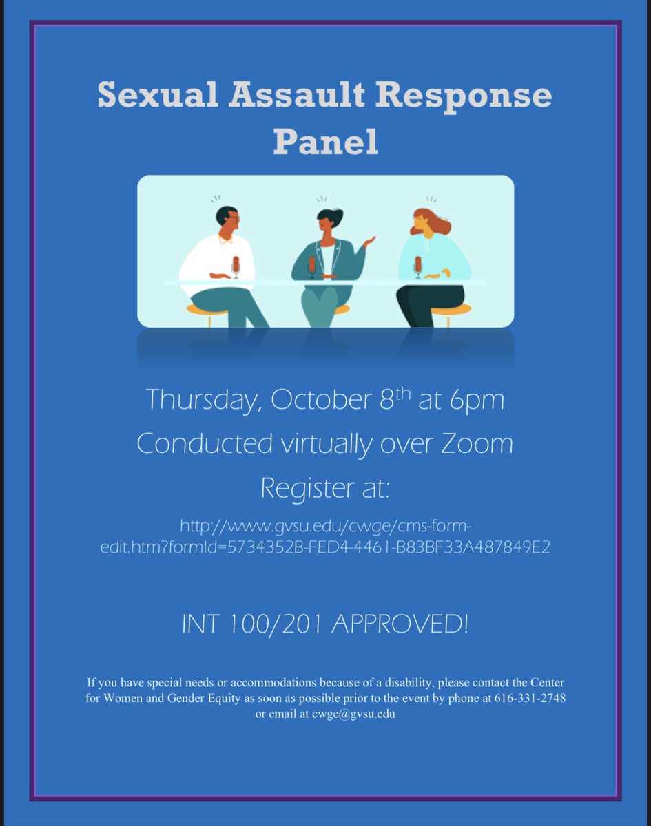 Join us Thursday October 8th for a Sexual Assault Response Panel to learn more about resources available to you in situations of sexual violence! Register at gvsu.edu/cwge/cms-form-… and a Zoom link will be emailed to you. Hope to see you there!