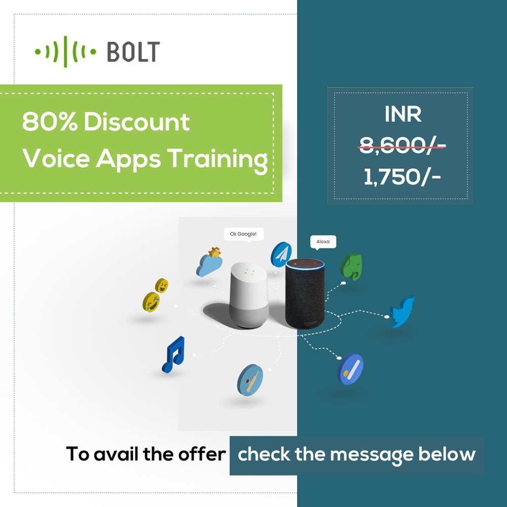 25th_CURSE's tweet photo. Get Voice Apps (Alexa and Ok Google!) training worth Rs.8,600/- at 80% DISCOUNT, pay only 1,750/-.
Use the discount code FREEHIM11856 at checkout on https://t.co/Ku7Ba7UmqJ
The limited-time offer ends on Tuesday, 29th of September, at 11:59 pm.
#IoT
#Google 
#Amazon
#ML
@boltiot https://t.co/FJhRbSZ0Qt