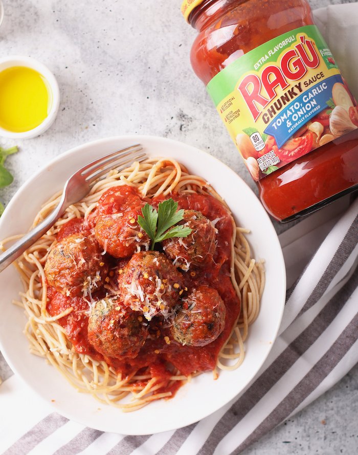 It’s National Pasta Month! I’m celebrating w/ Spaghetti and Veggie Meatballs! The secret? <a href="/ragusauce/">Ragú®</a> Tomato, Garlic, &amp; Onion Sauce. Not only a time saver, RAGÚ® Sauce is THE BEST. It is thick, rich, and filled with sweet and savory flavors. Find RAGÚ Sauce at your local <a href="/Safeway/">Safeway</a>.