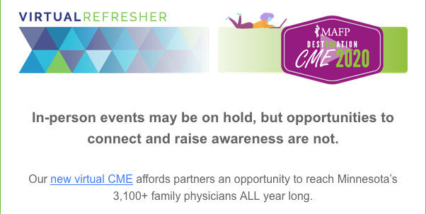 MNFamilyDocs's tweet photo. Maximize partner/sponsor benefits for our virtual #CME offerings by registering before Oct. 1. Choose from 3 packages, with year-long benefits & reach. Thank you to those who have partnered already in support of family docs across MN! #CME #MAFPCME #MAFPRefresher https://t.co/bmwISxR4XE