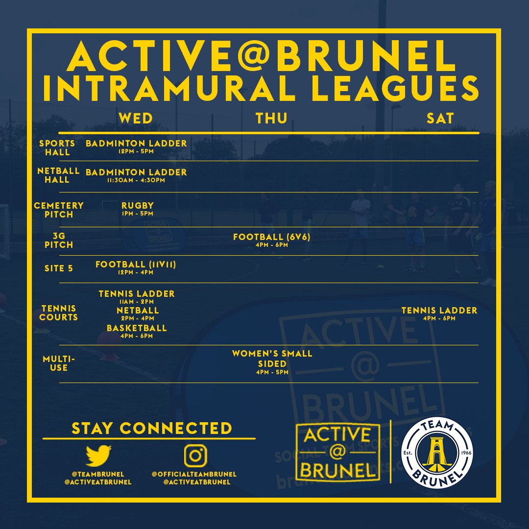 Have you signed up for these yet? 📝📝
Commencing week of October 5th 📆

Drop in Sessions sign up in our Bio!ℹ️

An all Student email is being sent out for Intramural Team Sign ups! Please check your student email later today!

#Brunel #StayActive