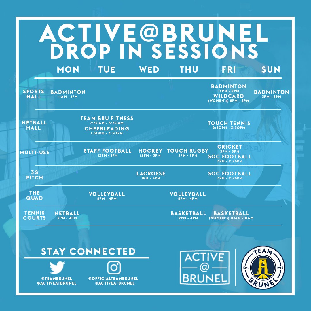 ActiveatBrunel's tweet photo. Have you signed up for these yet? 📝📝
Commencing week of October 5th 📆

Drop in Sessions sign up in our Bio!ℹ️

An all Student email is being sent out for Intramural Team Sign ups! Please check your student email later today!

#Brunel #StayActive https://t.co/5C7g1Dygk3