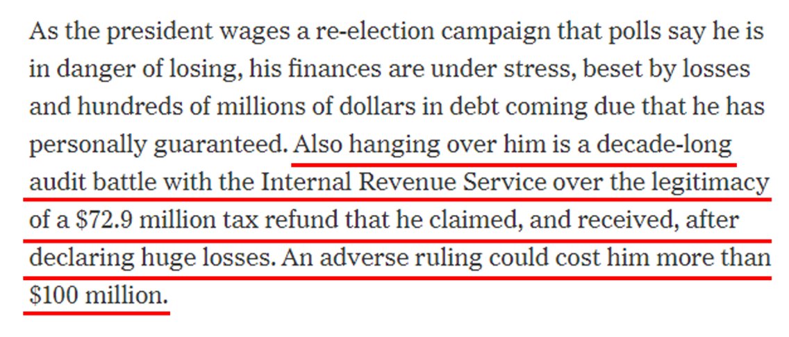 16/ Okay, we've made it to the 3rd paragraph of the Times story. Let's keep moving. This next line, about the possibility that an adverse ruling could cost Trump $100M, is a huge scoop. It's also exactly the sort of reason why everyone was so eager to see Trump's tax documents.