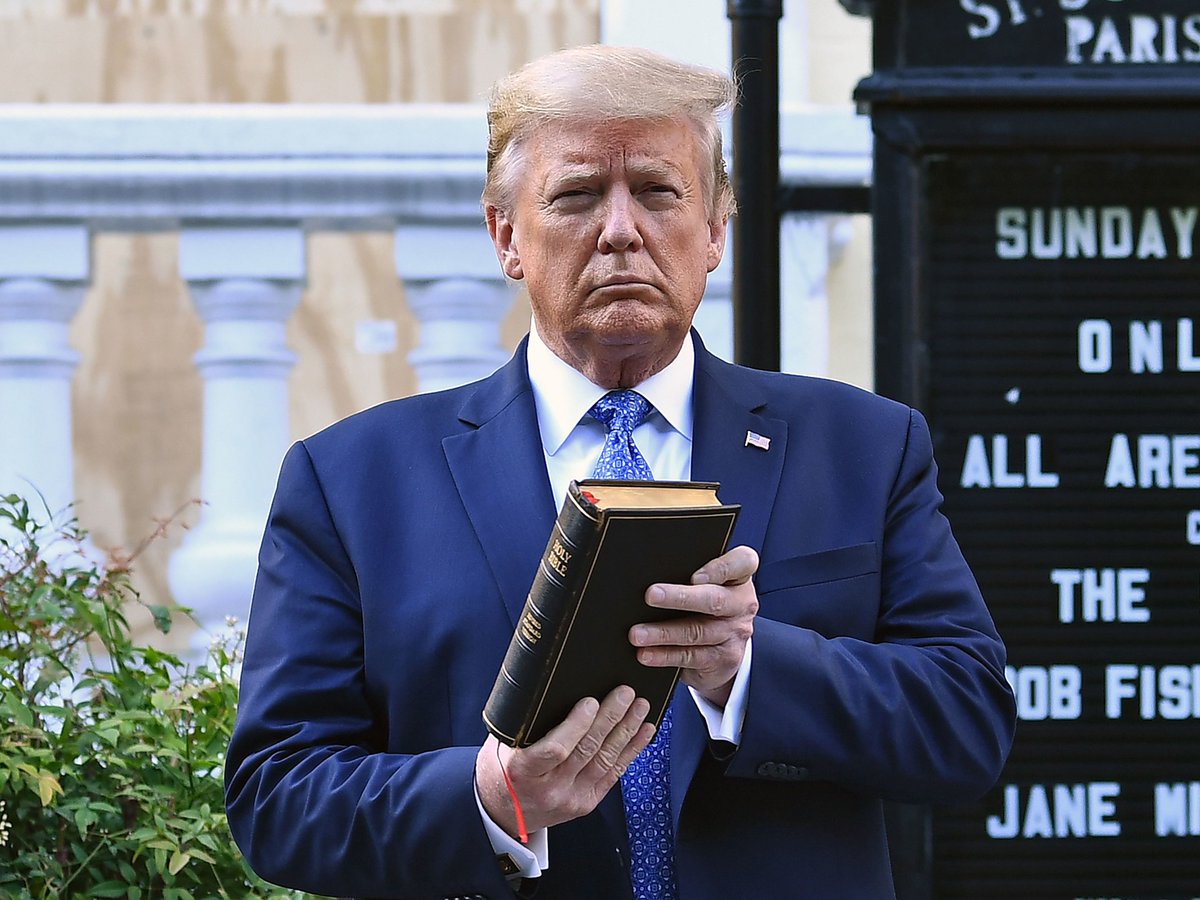And Trump is more than happy to play his part.Holding up a Bible and declaring himself a Christian savior is no different for him than eating Pizza Hut for the cameras or hawking McDonald's.Whatever keeps the money and power flowing, he's more than willing.33/
