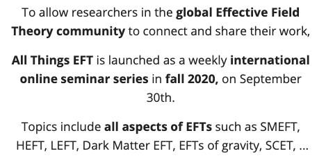 DrAndreDavid's tweet photo. Starting this Wednesday.
Have you been hearing about EFTs and want to learn more? You're in luck with the "All things EFT" series of seminars. https://t.co/hpEGGjbJFJ #SMEFT #FutureOfPhysics https://t.co/15PQXqG8UN