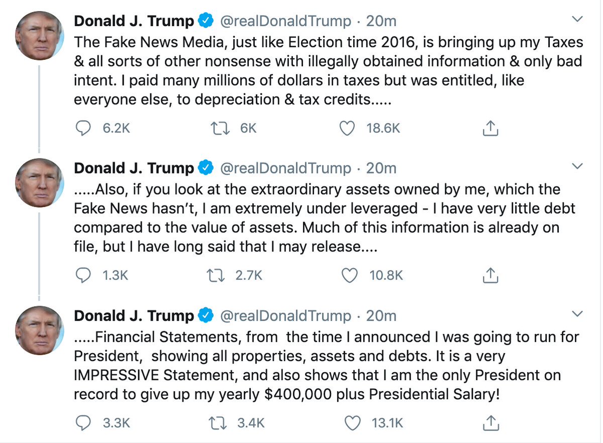 Trump threads three tweets defending himself against the NYT tax avoidance story: https://t.co/Y6iZj2M2DX