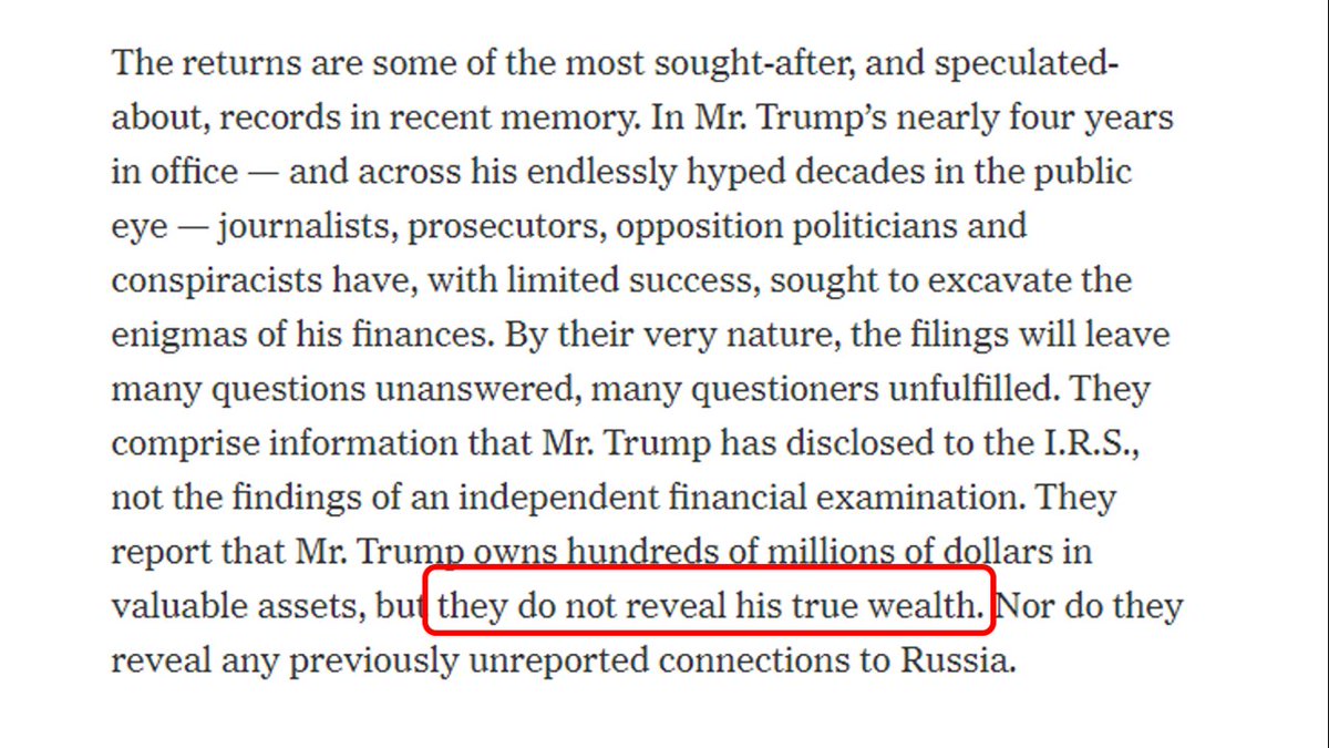 18/ A key point that the Times says explicitly: Tax returns don't tell you how rich someone is. Let's dig in a little deeper on this one.