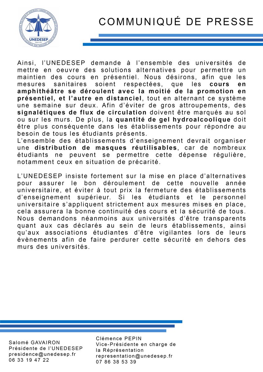 [COMMUNIQUÉ DE PRESSE]

➡️ L’UNEDESEP déplore les conditions sanitaires mises en place dans les universités ou le non-respect de celles-ci. Nous demandons à ce que nos propositions soient appliquées dans chacune des universités afin d’assurer la bonne continuité des cours.