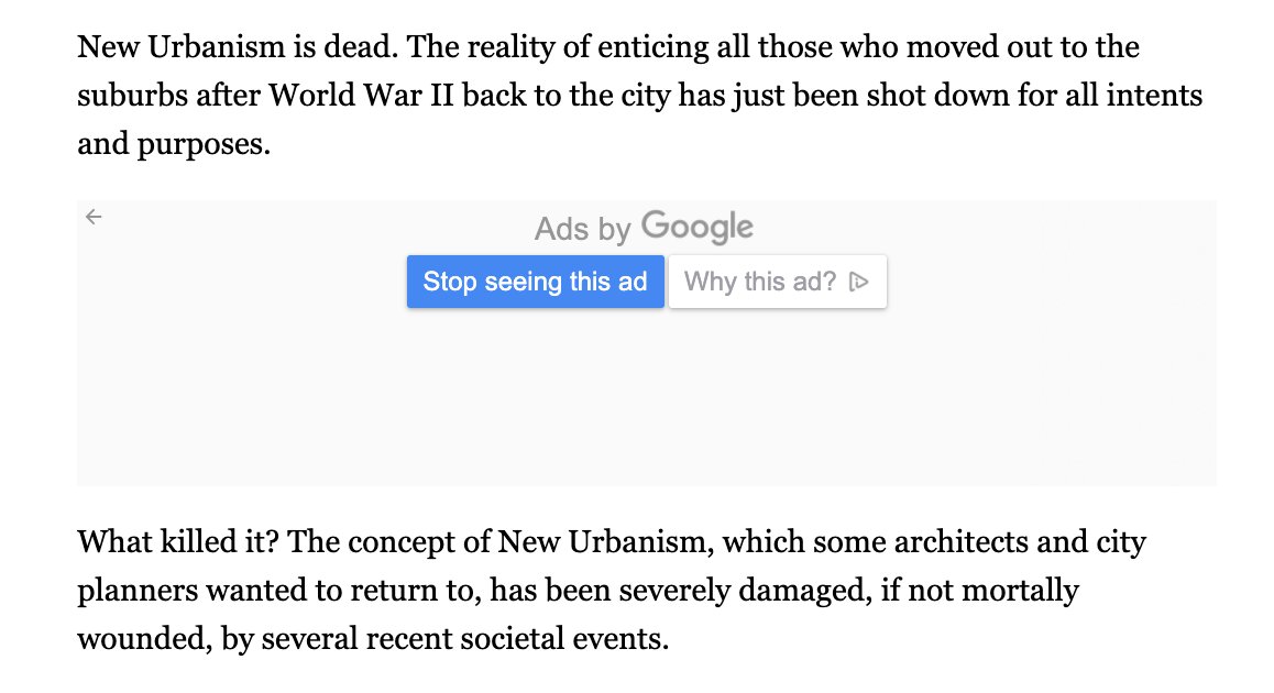 Starting with this passage: "New urbanism is dead. It's been killed. And it might even be mortally wounded."