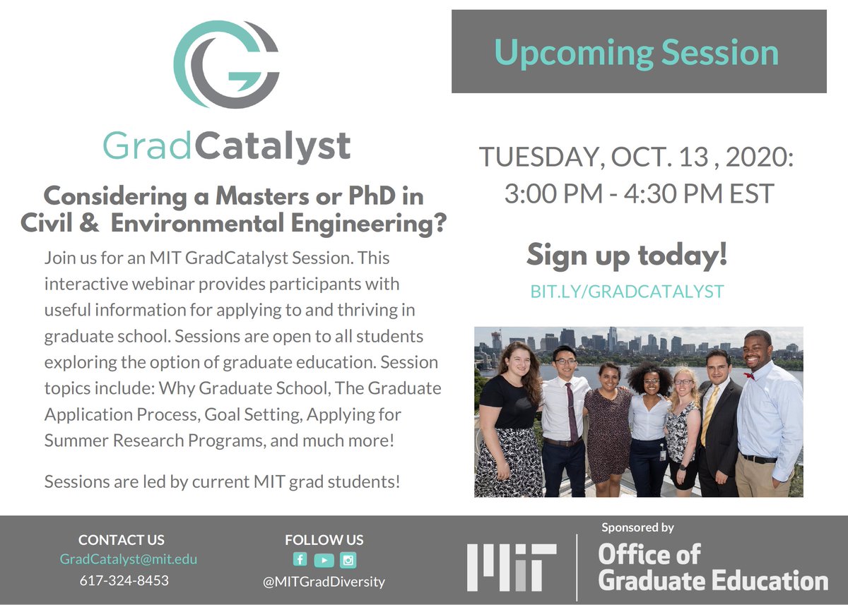 MIT_CEE's tweet photo. Join us for MIT's Grad Catalyst event on Oct. 13 for information on applying to grad school. CEE is also offering graduate webinars specific to our department
Oct. 29, 10-11 am: https://t.co/9m8GWKPkcC
Nov. 13, 10-11 am: https://t.co/3c2QGufO9I
#MIT_CEE #MIT2021 @MITAdmissions https://t.co/3IIYH4HTo6