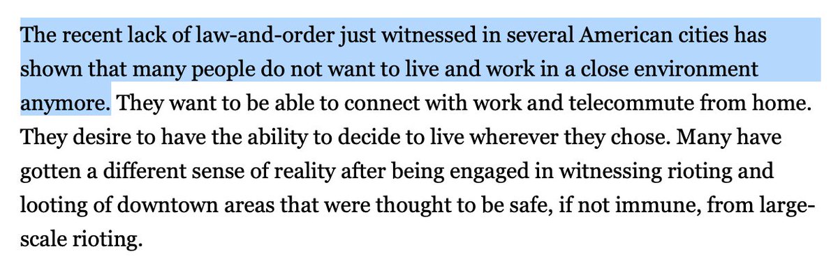 OK, the first sentence of this graf doesn't actually make any sense, but you get the gist. The author is arguing that due to recent looting in fancy downtown shopping districts like Chicago's Magnificent Mile, many people are never going to want to work in urban CBDs again.