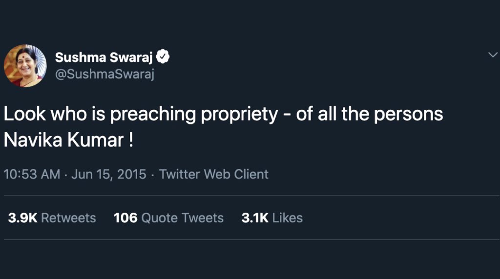 RicchaDwivedi's tweet image. In 2015, the Editors Guild had slammed the then MEA Sushma Swaraj for her tweet on Navika Kumar, terming it as an attempt to intimidate the media. Remember #Lalitgate? The same insanity dominated the prime time back then.