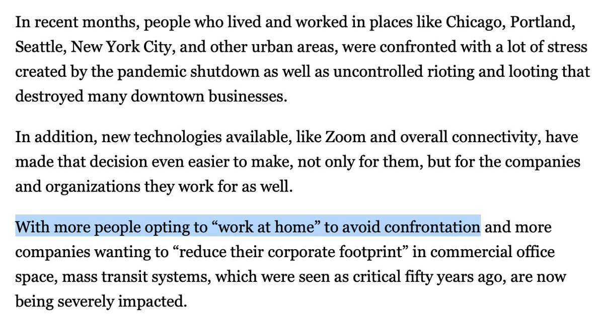 Jesus this is dumb. People aren't telecommuting because they're afraid of looting, they've done so because pandemic orders closed offices, and it's still not ideal to have lots of people working together in enclosed spaces. More points off for unnecessary use of scare quotes.