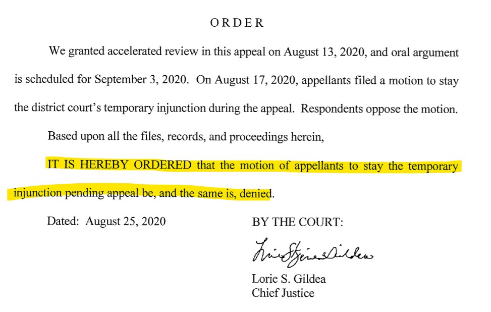 3. The Republican Party then filed an emergency order to stay that decision and reinforce the 3 ballot limit. THAT WAS DENIED IN AUGUSTThen the Republican Party appealed to the Minnesota Supreme CourtTHAT APPEAL WAS ALSO DENIED