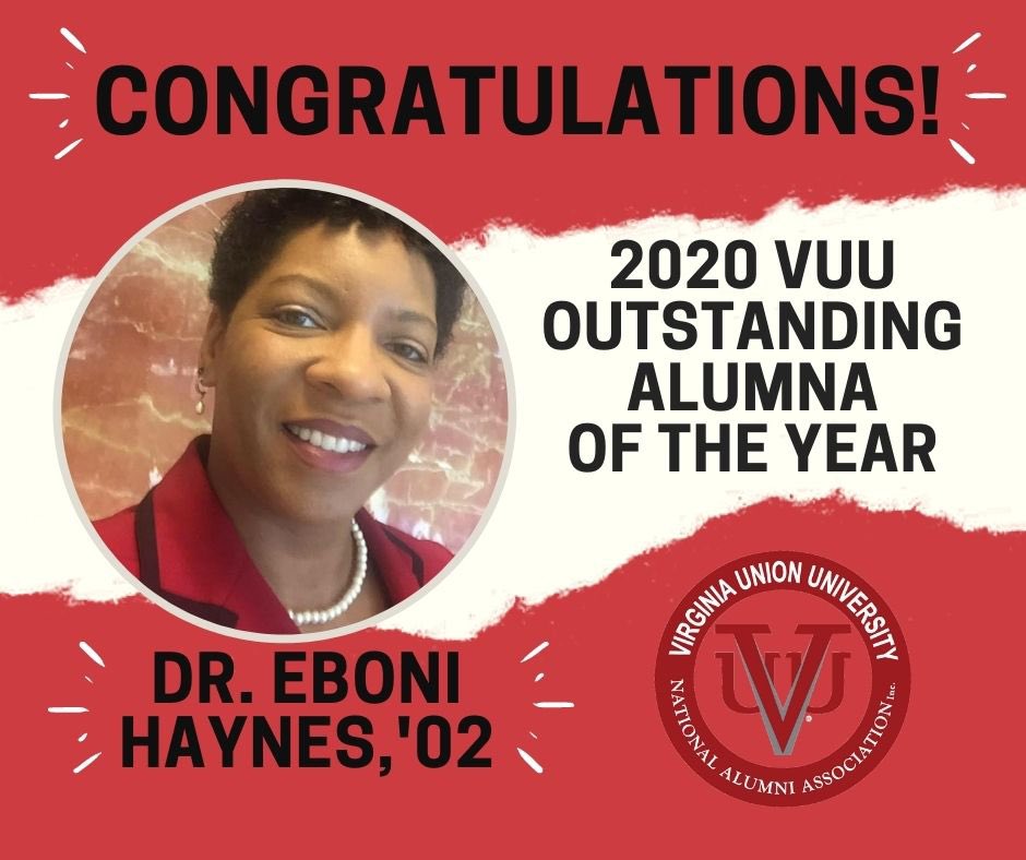 VUUNAAInc's tweet photo. Congratulations to Dr. Eboni Haynes, ‘02 the 2020 @VAUnion1865 Outstanding Alumna of the Year!!! #PanthersOnTheMove 🐾 https://t.co/SEHqBSd97U