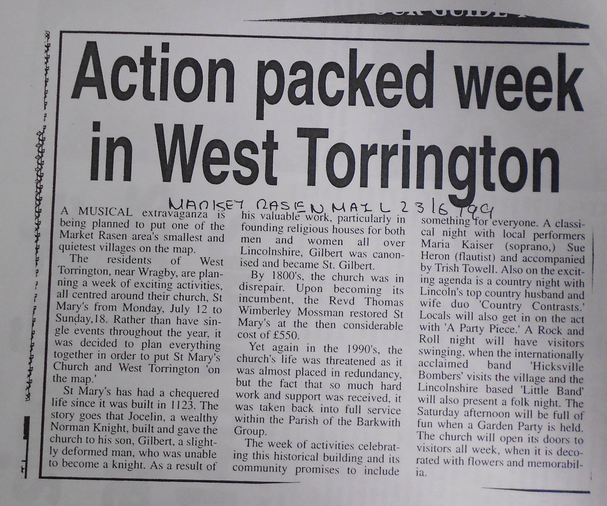 WestTorrington's tweet photo. @RasenMail 23 June 1999 reporting on a week of musical events at West Torrington church. This is exactly the kind of thing we are hoping to bring back to the village. #SaveOurChurch #WestTorringtonRocks https://t.co/q2ct8xsJ1i