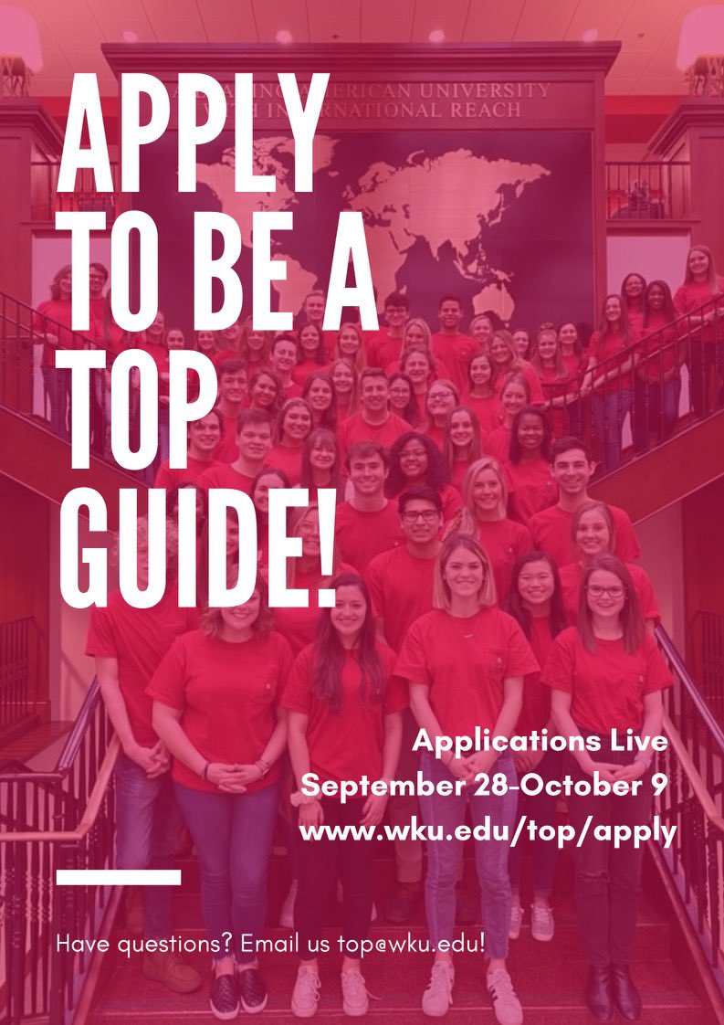 wkutop's tweet photo. Current WKU students, you can become a TOP Guide! Help the newest Hilltoppers start their journey at WKU. https://t.co/p5Pex2EVii #WKUTOP #ClimbWithUs https://t.co/XNcCKnDTDg