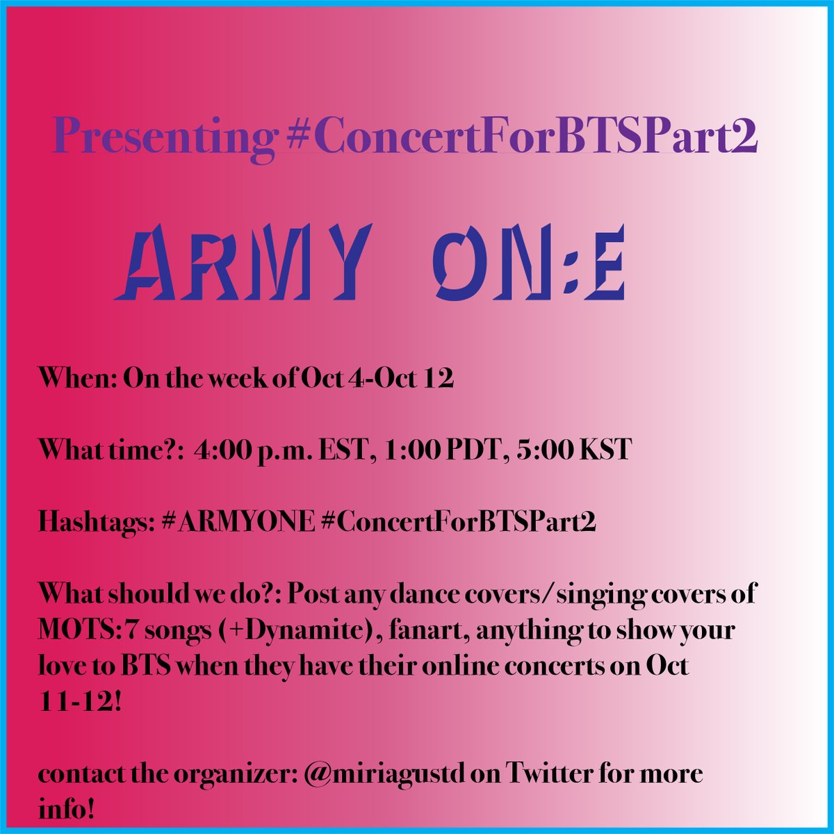hobiriam's tweet photo. lets go!! also feel free to contact BH about this!! I really want BTS to see all of our love this whole week!! Please spread this too!! #ARMYONE #ConcertForBTS #ConcertForBTSPart2 @BTS_twt @BigHitEnt https://t.co/p4ZS4mOhsT