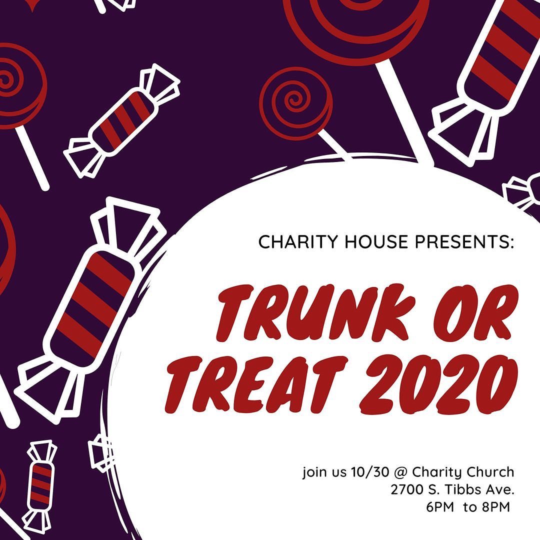 Join us at Charity House on October 30 for our first trunk or treat. Bring the kids and enjoy candy, decorations, contests, food and more! 2700 Tibbs, Indianapolis, 6-8 pm.